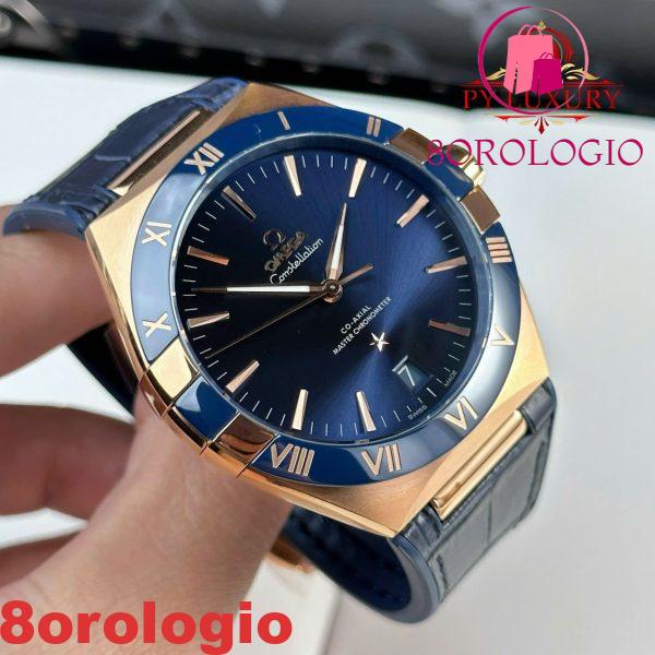 Omega Constellation Oro Rosa Quadrante Blu Lunetta in Ceramica Blu Cinturino in Pelle Replica VSF 41mm Orologio - immagine 6
