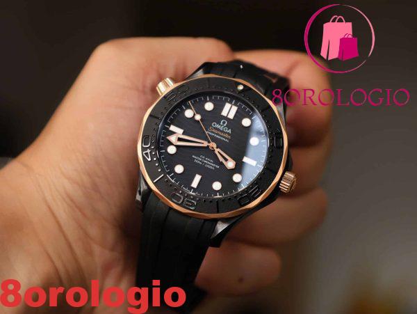 Omega Seamaster Diver 300M Ceramica Nera e Oro Sedna Cinturino in Gomma Migliore Replica 43.5mm Orologio - immagine 6
