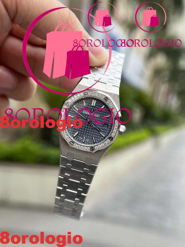 Audemars Piguet Royal Oak 77351ST Quadrante Blu Cornice con Diamanti Replica 34mm Orologio - immagine 4