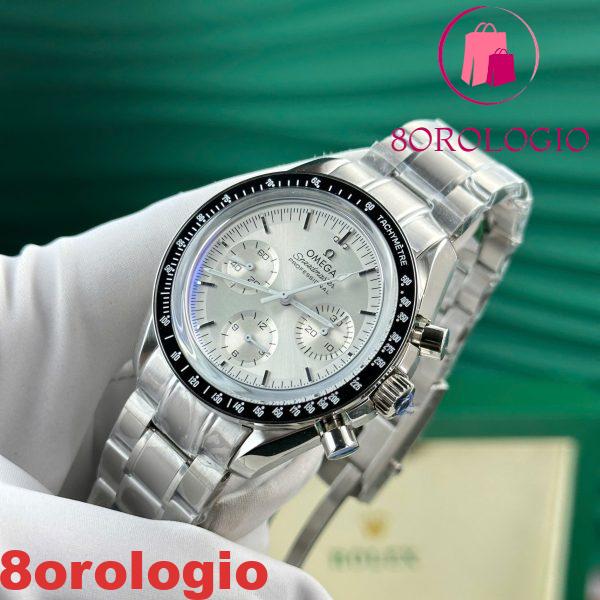 Omega Speedmaster Moonwatch Chronograph Quadrante Argento Lunetta Nera Replica 42mm Orologio - immagine 4
