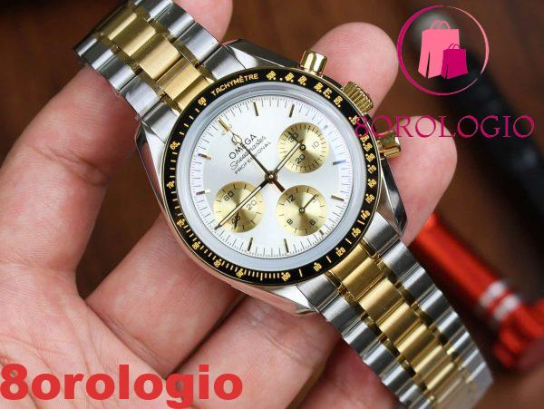 Omega Speedmaster Moonwatch Chronograph Bicolore Oro Giallo Quadrante Bianco Swiss Replica 42mm Orologio - immagine 5