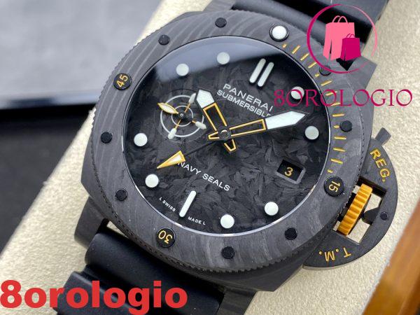 Panerai Submersible GMT Carbotech Navy Seals PAM 1324 Cinturino in Gomma Nero Carbonio Migliore Replica VSF 44mm Orologio - immagine 4