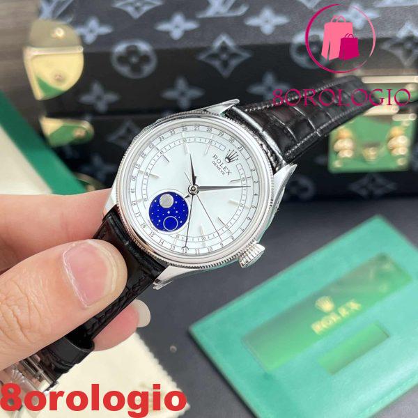 Replica Rolex Cellini Moonphase Oro Bianco Quadrante Bianco Pelle 39mm Orologio - immagine 4