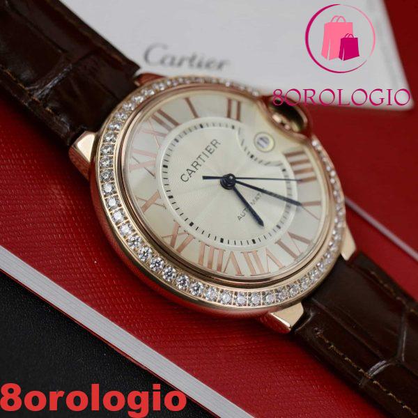 Cartier Ballon Bleu Oro Rosa Quadrante Bianco Ghiera di Diamanti Pelle Replica 42mm Orologio - immagine 7