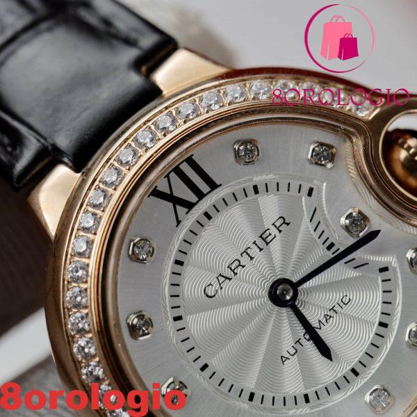 Cartier Ballon Bleu Oro Rosa Quadrante Bianco con Diamanti Ghiera con Diamanti Pelle Replica 36mm Orologio - immagine 5