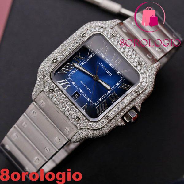 Cartier Santos Quadrante Blu Cassa Personalizzata con Moissanite Modello Grande Miglior Replica BVF 39.8mm Orologio - immagine 7