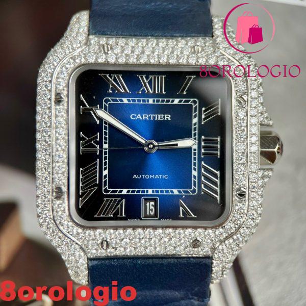 Cartier Santos Modello Grande Quadrante Blu Cassa Replica Moissanite Cinturino in Pelle 39.8mm Orologio - immagine 7