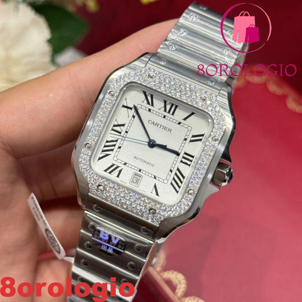 Cartier Santos Modello Grande Quadrante Bianco Customizzato con Ghiera in Moissanite Migliore Replica BVF 39.8mm Orologio - immagine 6
