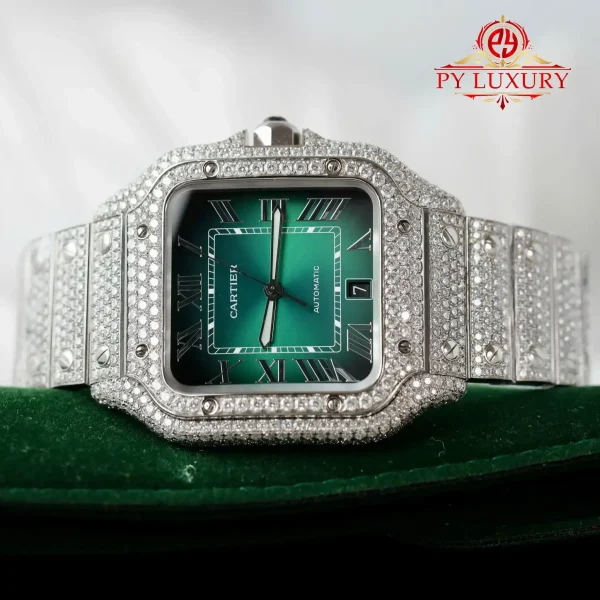 Cartier Santos Modello Grande Quadrante Verde Romano Iced Out Moissanite Migliore Replica 39.8mm Orologio - immagine 7