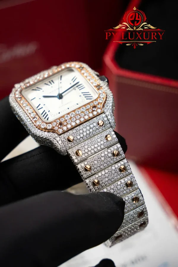 Cartier Santos Modello Medio Due Toni Oro Rosa Iced Out Moissanite 1:1 Migliore Replica 35.1mm Orologio - immagine 5