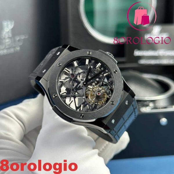 Replica Hublot Big Bang Scheletro Tourbillon Ceramica Nera Pelle 45mm  Orologio - immagine 5