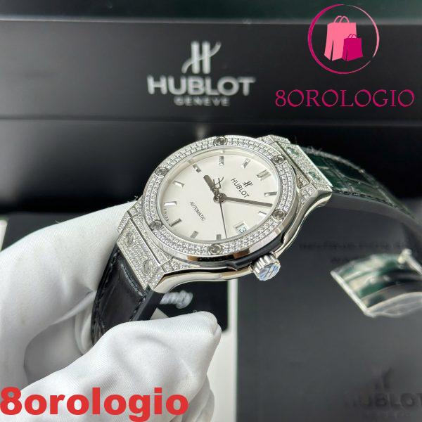 Replica Hublot Classic Fusion Titanium Diamanti Pavé Quadrante Bianco Cinturino in Pelle Nera 38mm Orologio - immagine 5