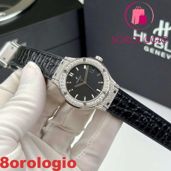 Hublot Classic Fusion Titanium Pavé Quadrante Nero Custom Moissanite Cinturino in Pelle Migliore Replica 33mm Orologio - immagine 5