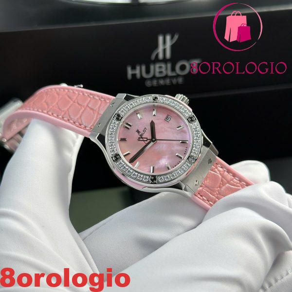 Hublot Classic Fusion Titanium Quadrante in Madreperla Rosa CZ Pietre Ghiera Cinturino in Pelle Donna Replica 33mm Orologio - immagine 5