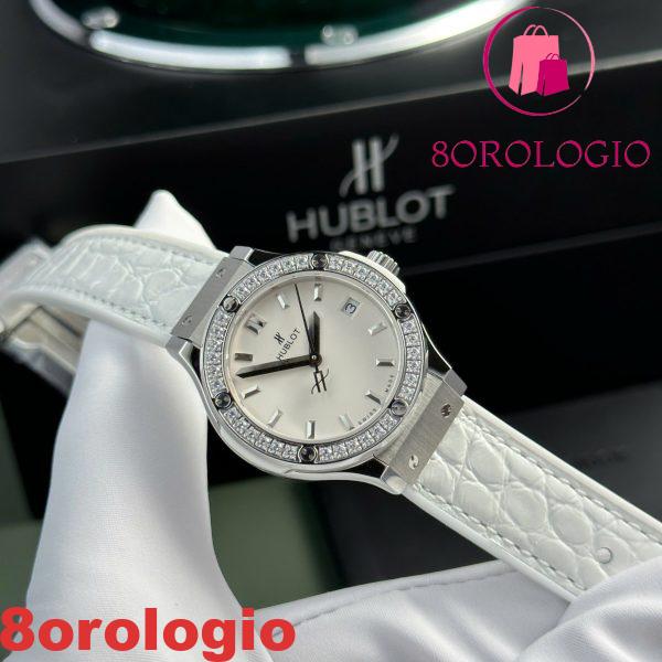 Hublot Classic Fusion Titanio Quadrante Bianco CZ Pietre Lunetta Cinturino in Pelle Donna Replica 33mm Orologio - immagine 5