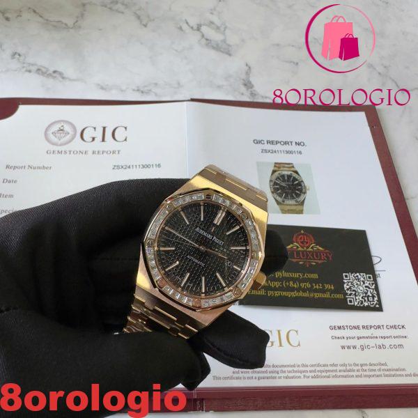 Replica Audemars Piguet Royal Oak 15400OR Quadrante Nero Personalizzato Baguette Moissanite Lunetta Placcato Oro 18K 1:1 Migliore Replica 41mm Orologio - immagine 11