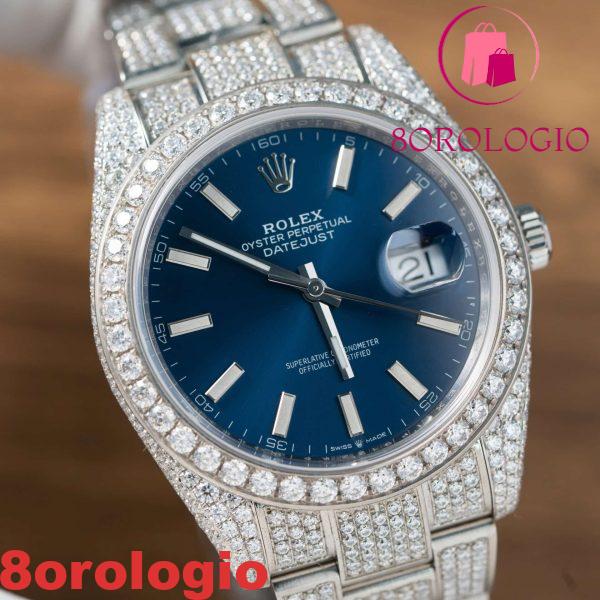 Replica migliore Rolex Datejust 41mm quadrante blu luminoso ghiacciato con moissanite Orologio - immagine 8
