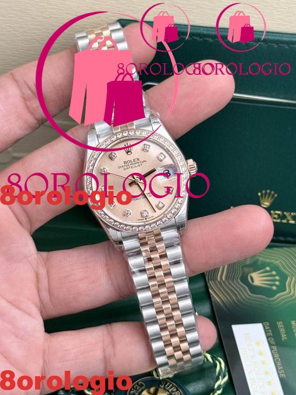 Replica Rolex Datejust 31mm Quadrante Rosa Lunetta con Pietre Cinturino Jubilee Orologio - immagine 5