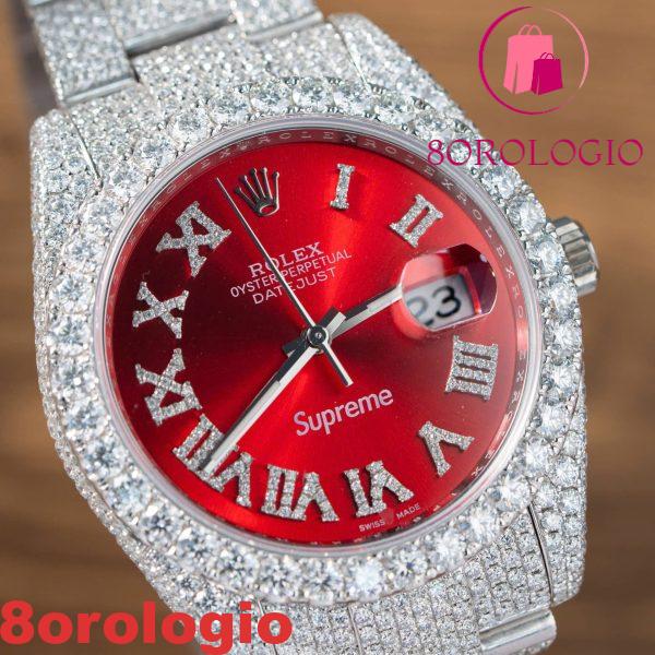 Replica Rolex Datejust Quadrante Romano Rosso Iced Out Moissanite Migliore 41mm Orologio - immagine 9