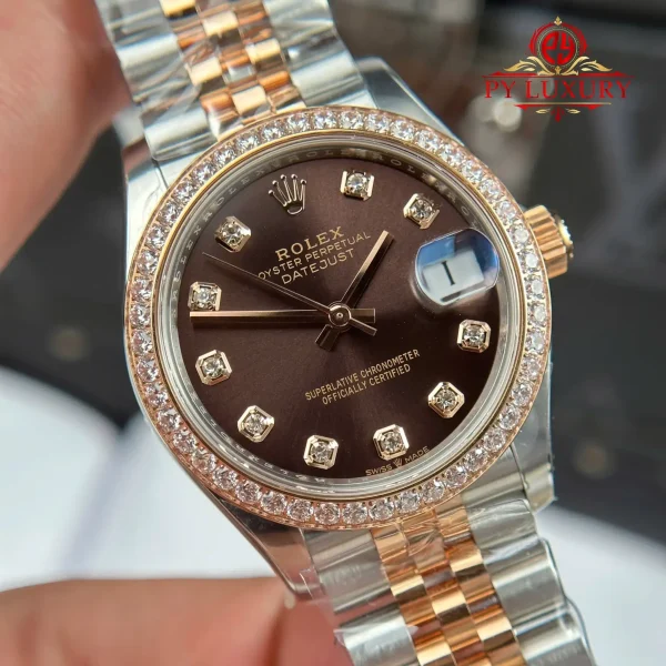 Replica Rolex Datejust 278381RBR in Oro Rosa Bicolore Quadrante Cioccolato Lunetta con Pietre Bracciale Jubilee Clonazione 1:1 THB 31mm Orologio - immagine 7