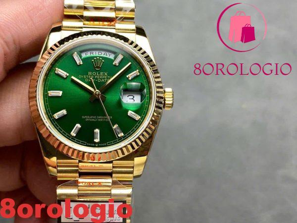 Replica Rolex Day-Date 128238-0130 Oro Giallo Quadrante Verde Brillante con Diamanti 158g Super Clone QF 36mm Orologio - immagine 6