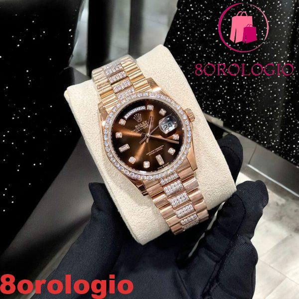 Rolex Day-Date 128345RBR Quadrante Marrone Ombré con Diamanti Oro 18K Avvolto Moissanite Personalizzato Replica 1:1 36mm Orologio - immagine 5