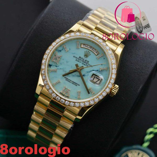 Rolex Day-Date 128348RBR-0037 Quadrante Turchese 18K Oro Giallo Replica Ghiera Moissanite 36mm Orologio - immagine 7