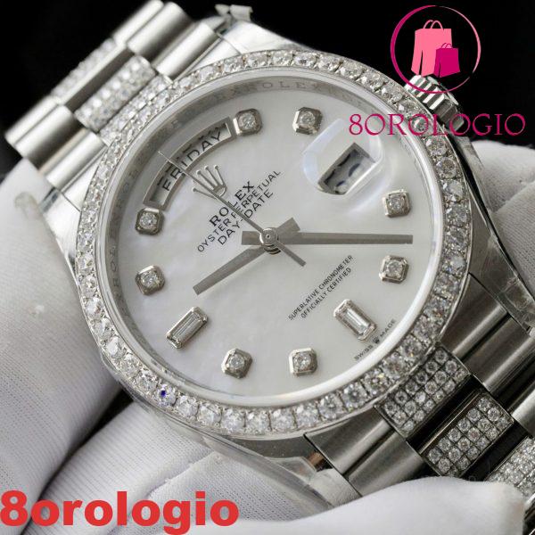 Rolex Day-Date 128349RBR Quadrante MOP Custom Ghiera e Bracciale in Moissanite Migliore Replica 36mm Orologio - immagine 8