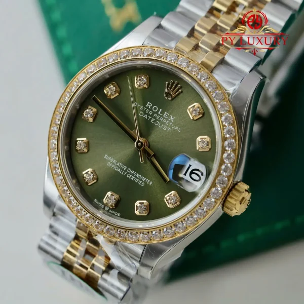 Replica migliore Rolex Datejust 278383RBR due toni oro giallo quadrante verde oliva lunetta con diamanti bracciale Jubilee THB 31mm Orologio - immagine 7