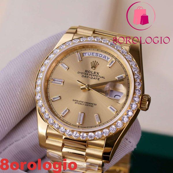 Rolex Day-Date 228348RBR 18K Yellow Gold Replica Quadrante Champagne Diamanti Baguette Lunetta Moissanite 173g GMF V3 40mm Orologio - immagine 7
