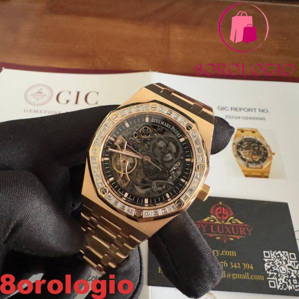 Audemars Piguet Royal Oak 15412OR Open Work Skeleton 18K Rose Gold con Baguette Moissanite Bezel Clone 1:1 Miglior Replica 41mm Orologio - immagine 8
