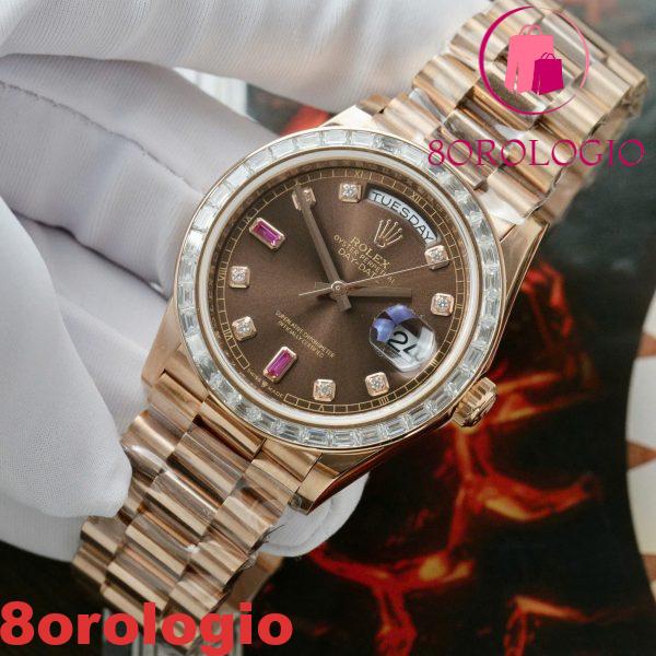 Replica Migliore Rolex Day-Date 36 Quadrante Cioccolato Diamanti e Rubini Oro Rosa 18K Incastonato con Moissanite a Baguette 36mm Orologio - immagine 8