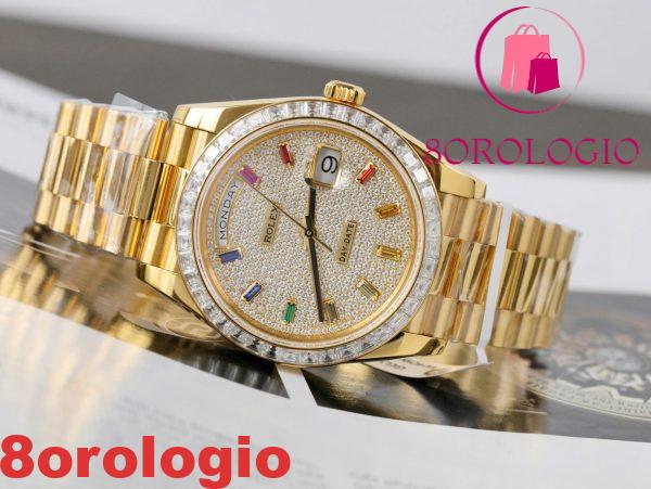 Rolex Day-Date 40 Quadrante Arcobaleno Rivestito di Diamanti Oro Giallo 18K con Ghiera in Moissanite Taglio Baguette Migliore Replica 40mm Orologio - immagine 6