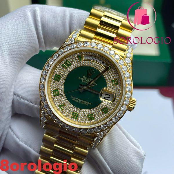 Replica del Rolex Day-Date 40 Quadrante Verde Tempestato di Diamanti Arabi Placcato Oro 18K Quadrante Personalizzato in Moissanite & Dial Miglior Replica 40mm Orologio - immagine 6