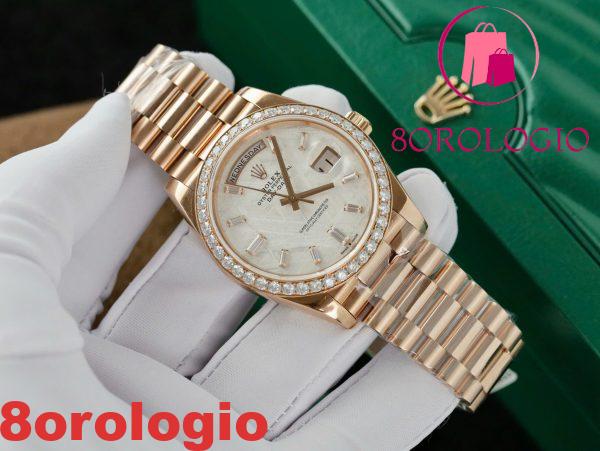 Replica migliore Rolex Day-Date 40 Meteorite Baguette Moissanite Quadrante in oro rosa 18 carati con lunetta in Moissanite GMF V3 40mm Orologio - immagine 6