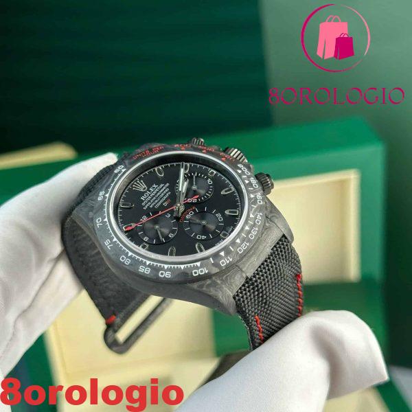 Replica Rolex Daytona DiW Carbon Quadrante Nero Cinturino con Cuciture Rosse Migliore Edizione Noob Factory 40mm Orologio - immagine 5