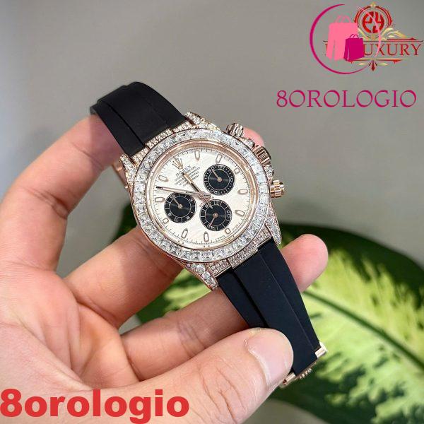 Rolex Daytona Quadrante Meteorite Placcato Oro 18K Custom Baguette Moissanite Cinturino in Gomma 40mm Replica Orologio - immagine 6