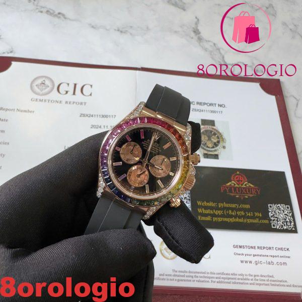 Rolex Daytona Rainbow 18K Oro Rosa Replica Custom Moissanite & Zaffiro Sintetico Cinturino in Gomma Super Clone 40mm Orologio - immagine 12