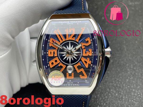 Franck Muller Vanguard Yachting V45 Quadrante Blu Numeri Arabi Arancioni Cinturino in Gomma 1:1 Migliore Replica ABF 45mm Orologio - immagine 6