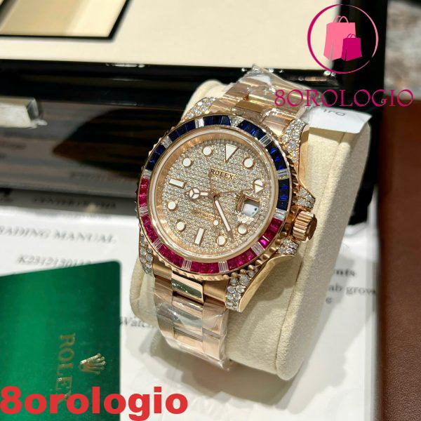 Rolex GMT-Master II 126755SARU Placcato in Oro 18K Quadrante Pavé in Moissanite Lunetta in Rubini e Zaffiri 40mm Replica Orologio - immagine 5