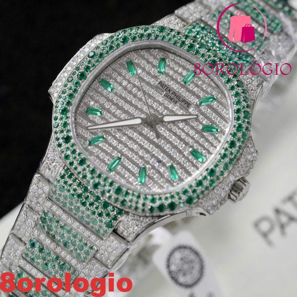 Patek Philippe Ladies Natilus 7118/1453G-001 Iced Out Moissanite Green Migliore Replica 35.2mm Orologio - immagine 5