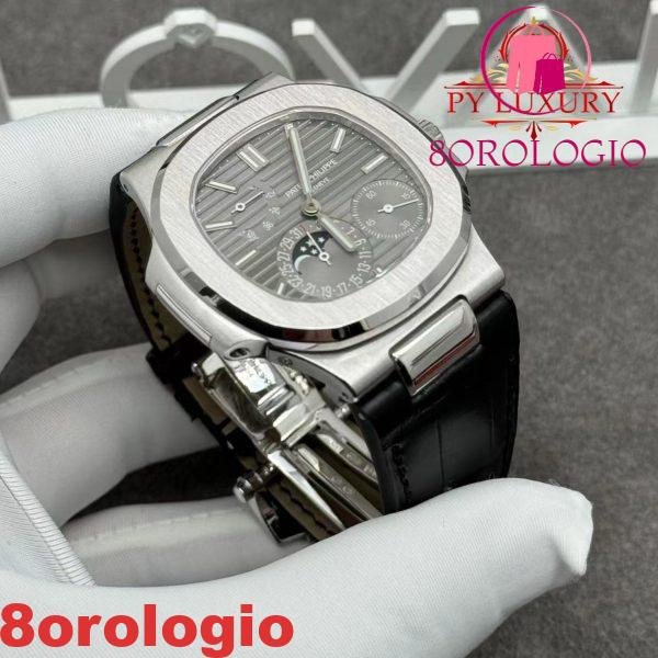 Patek Philippe Nautilus 5712G-001 Quadrante Grigio Replica 1:1 in Oro Bianco 18K Cinturino in Pelle di Coccodrillo 40mm Orologio - immagine 7