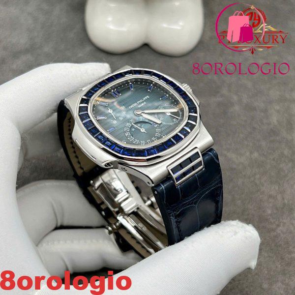 Patek Philippe Nautilus 5724G Quadrante Blu replica In Oro Bianco 18K Zaffiri Blu Cinturino in Pelle di Coccodrillo 40mm Orologio - immagine 5