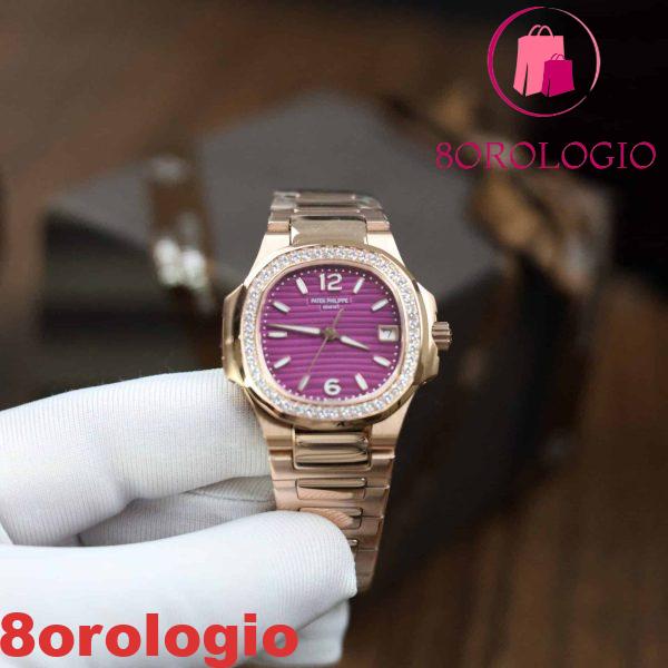 Patek Philippe Nautilus 7010/1R Oro Rosa Quadrante Viola Ghiera con Diamanti Replica GRF 32mm Orologio - immagine 5