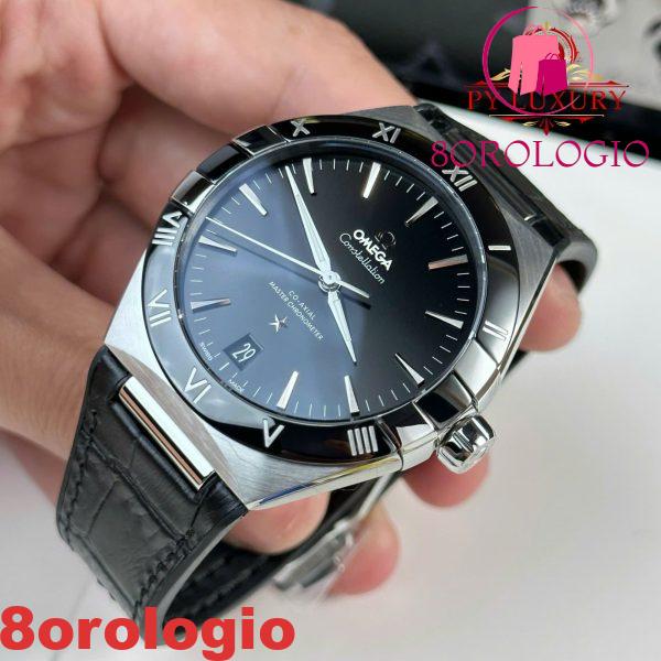 Omega Constellation Quadrante Nero Lunetta in Ceramica Nera Cinturino in Pelle Replica Migliore VSF 41mm Orologio - immagine 7