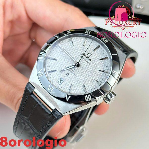 Omega Constellation Quadrante Grigio Rodio Lunetta in Ceramica Nera Cinturino in Pelle Replica VSF 41mm Orologio - immagine 7