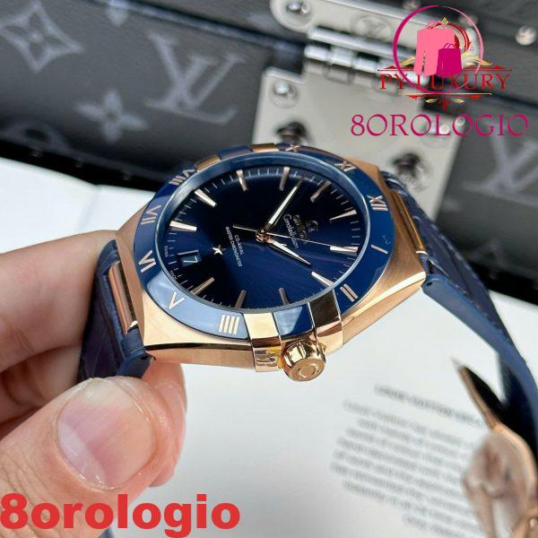Omega Constellation Oro Rosa Quadrante Blu Lunetta in Ceramica Blu Cinturino in Pelle Replica VSF 41mm Orologio - immagine 7
