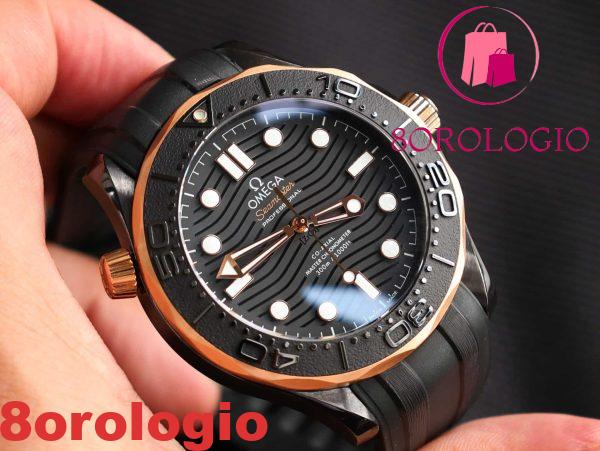 Omega Seamaster Diver 300M Ceramica Nera e Oro Sedna Cinturino in Gomma Migliore Replica 43.5mm Orologio - immagine 7