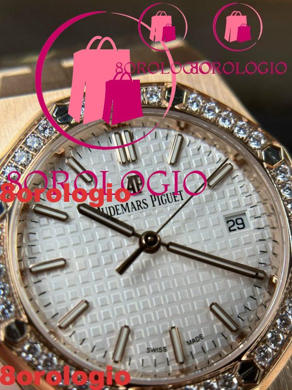 Replica Audemars Piguet Royal Oak 77351OR Oro Rosa Quadrante Bianco Lunetta con Diamanti 34mm Orologio - immagine 6