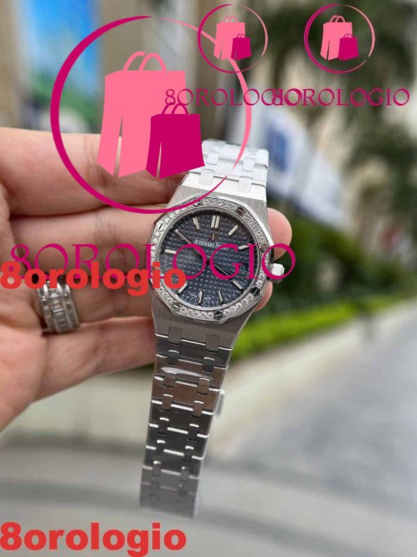 Audemars Piguet Royal Oak 77351ST Quadrante Blu Cornice con Diamanti Replica 34mm Orologio - immagine 5